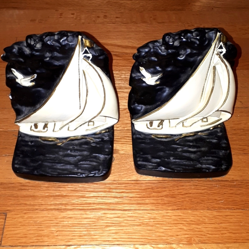 Vintage Mid Century Sailboat Plaster Bookends